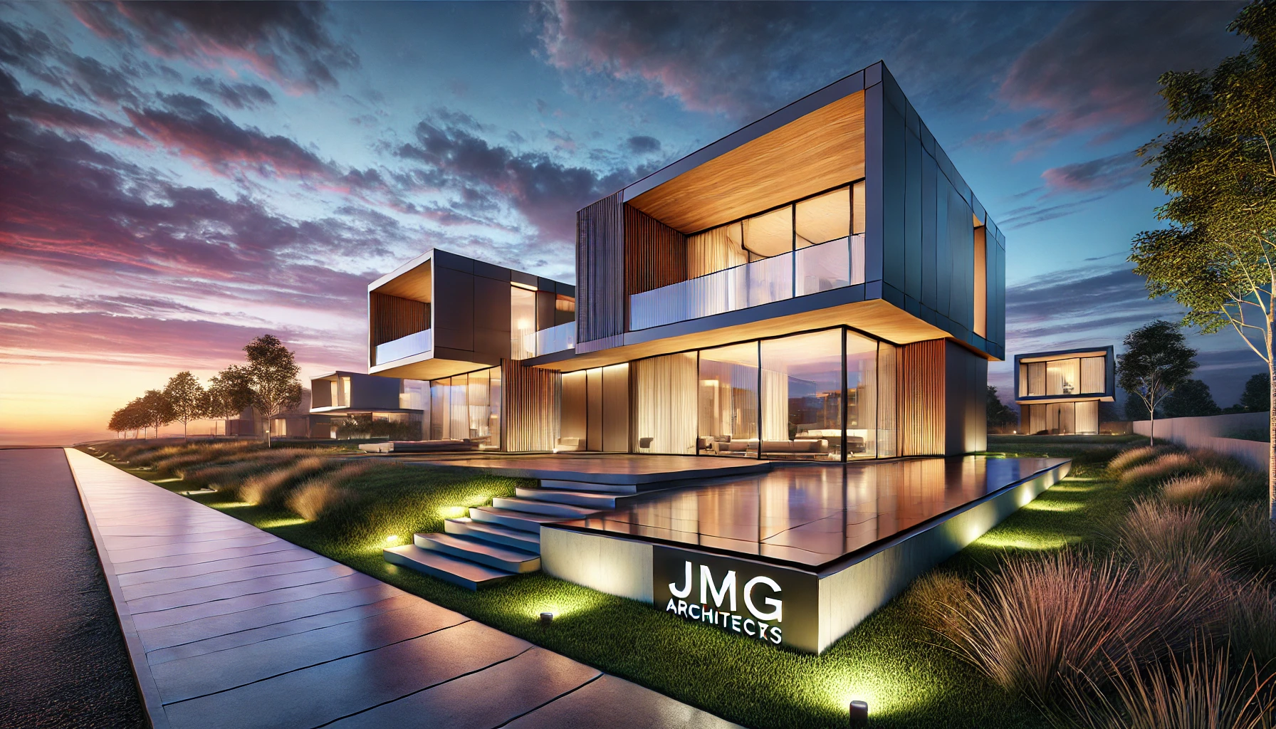 Experience unmatched quality and reliability with jmg construction & general merchandise: your top-rated construction partner in cagayan de oro city 1 Modern luxury house designed by jmg architects with a sleek, geometric facade and illuminated landscape at sunset.
