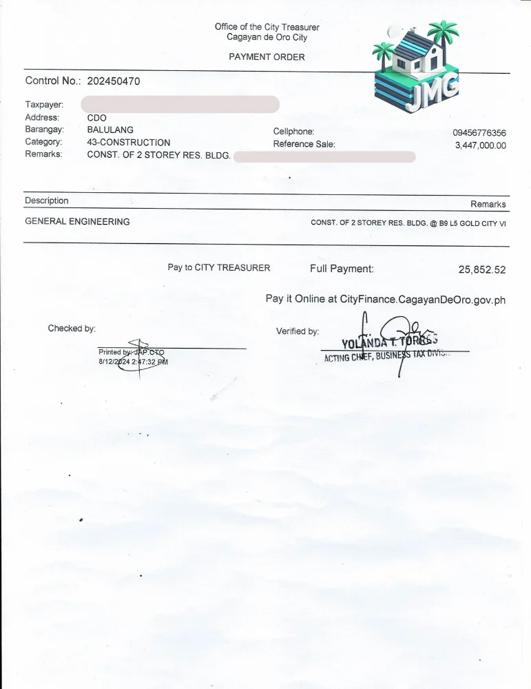 How to apply for a building permit in cagayan de oro city: a complete 2025 guide 9 Image 2 (payment order):
"payment order from the office of the city treasurer in cagayan de oro, showing full payment details for a 2-storey residential building construction project, including general engineering and tax details. "