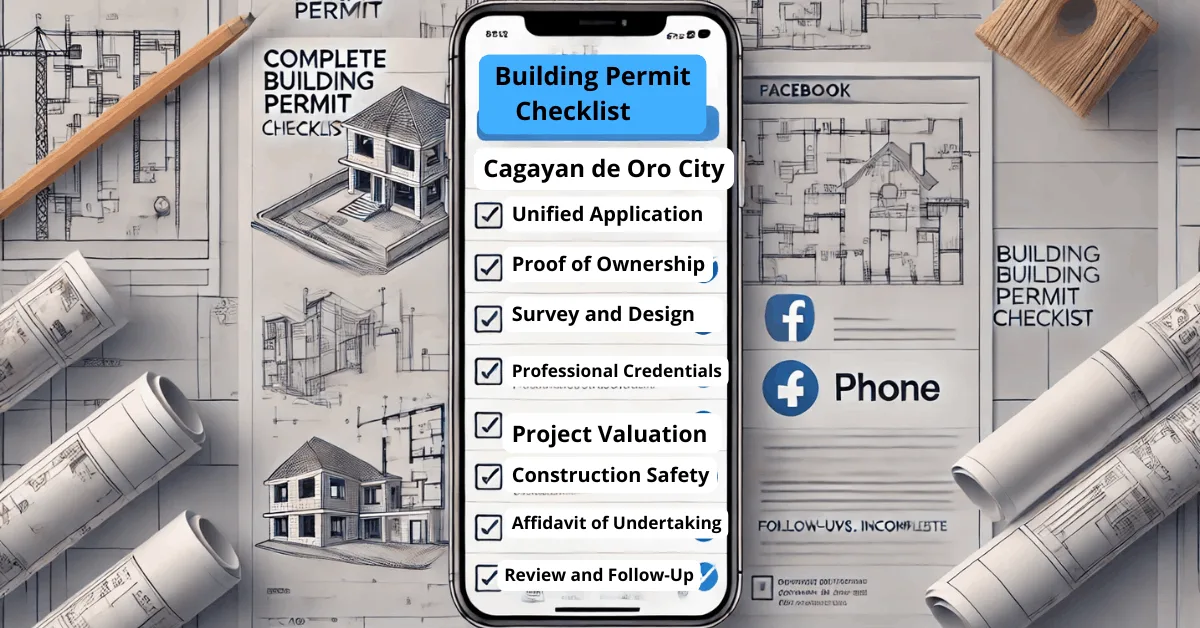 'complete building permit checklist for cagayan de oro city' featuring a checklist with icons for documents like architectural plans, proof of ownership, and professional credentials. Includes a phone icon with follow-up reminders and contact numbers, with a subtle blueprint background.