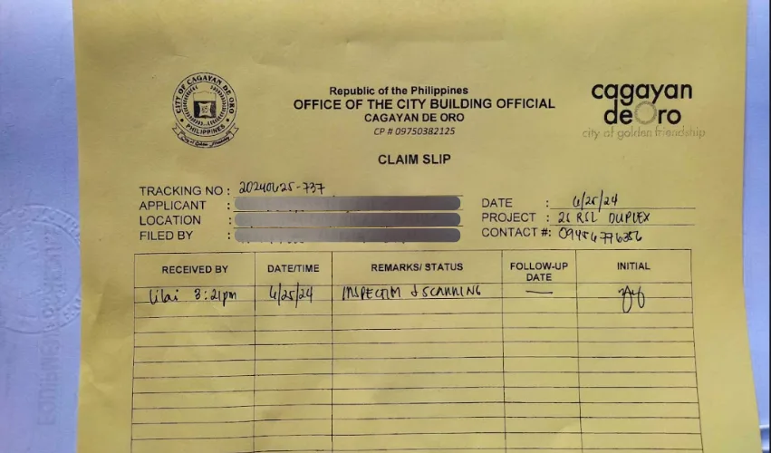 How to apply for a building permit in cagayan de oro city: a complete 2025 guide 7 Claim slip for building permit application submission in cagayan de oro (client information hidden)