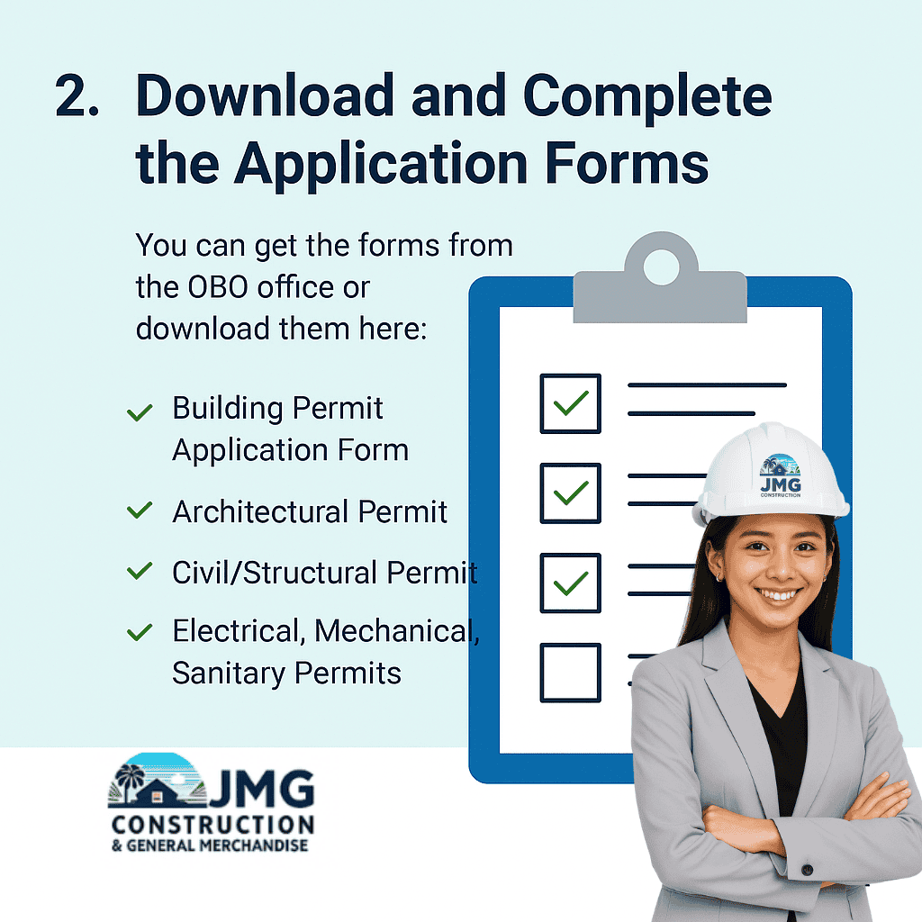 Building permit forms you need to download in cagayan de oro A filipina architect in a hard hat with the jmg construction logo stands beside a checklist graphic of required building permit forms, including architectural, structural, and electrical permits for cagayan de oro.