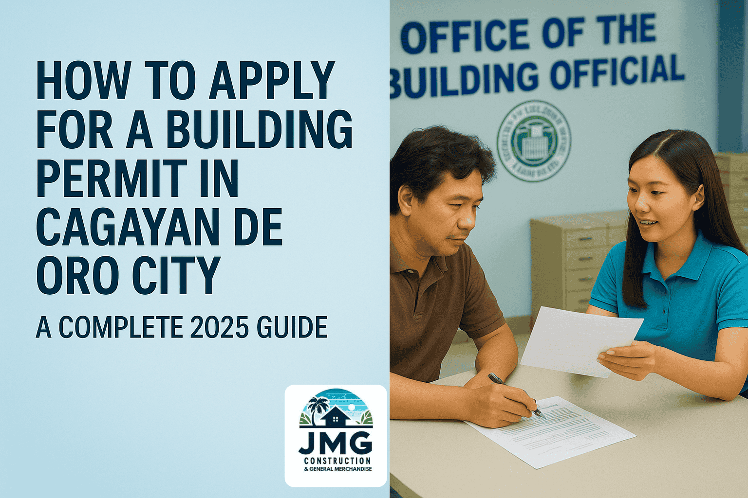 A kagay-anon man consults with a city staff member at the office of the building official in cagayan de oro while submitting his building permit application, with guide title and jmg construction logo displayed.