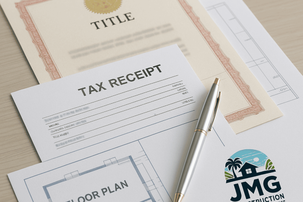 Required documents for building permit application in cagayan de oro Essential building permit documents laid out on a desk, including a land title, tax receipt, architectural floor plan, and a silver pen, with the jmg construction & general merchandise logo visible.