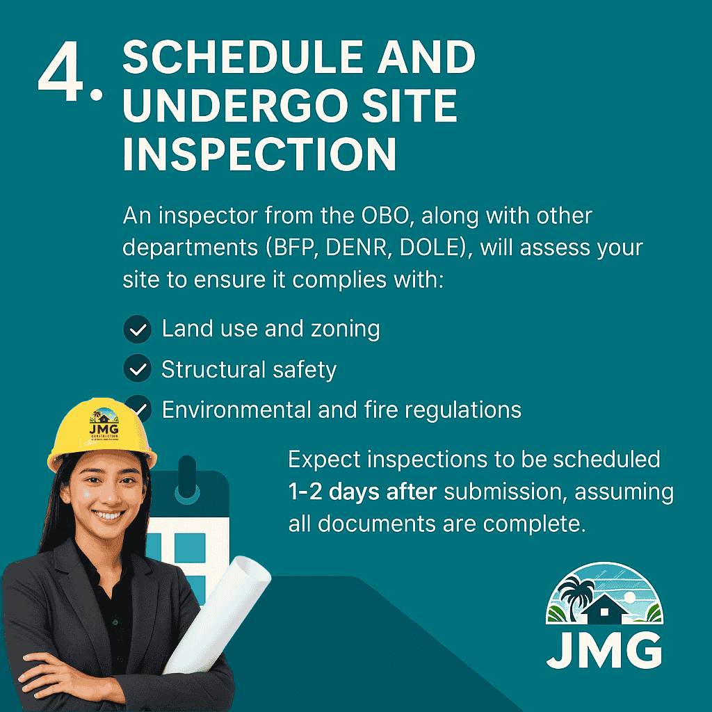 Building permit site inspection – cagayan de oro guide A female professional in a yellow jmg-branded hard hat holds building plans beside an infographic outlining the site inspection process for building permits in cagayan de oro, highlighting zoning, structural, and fire safety compliance.