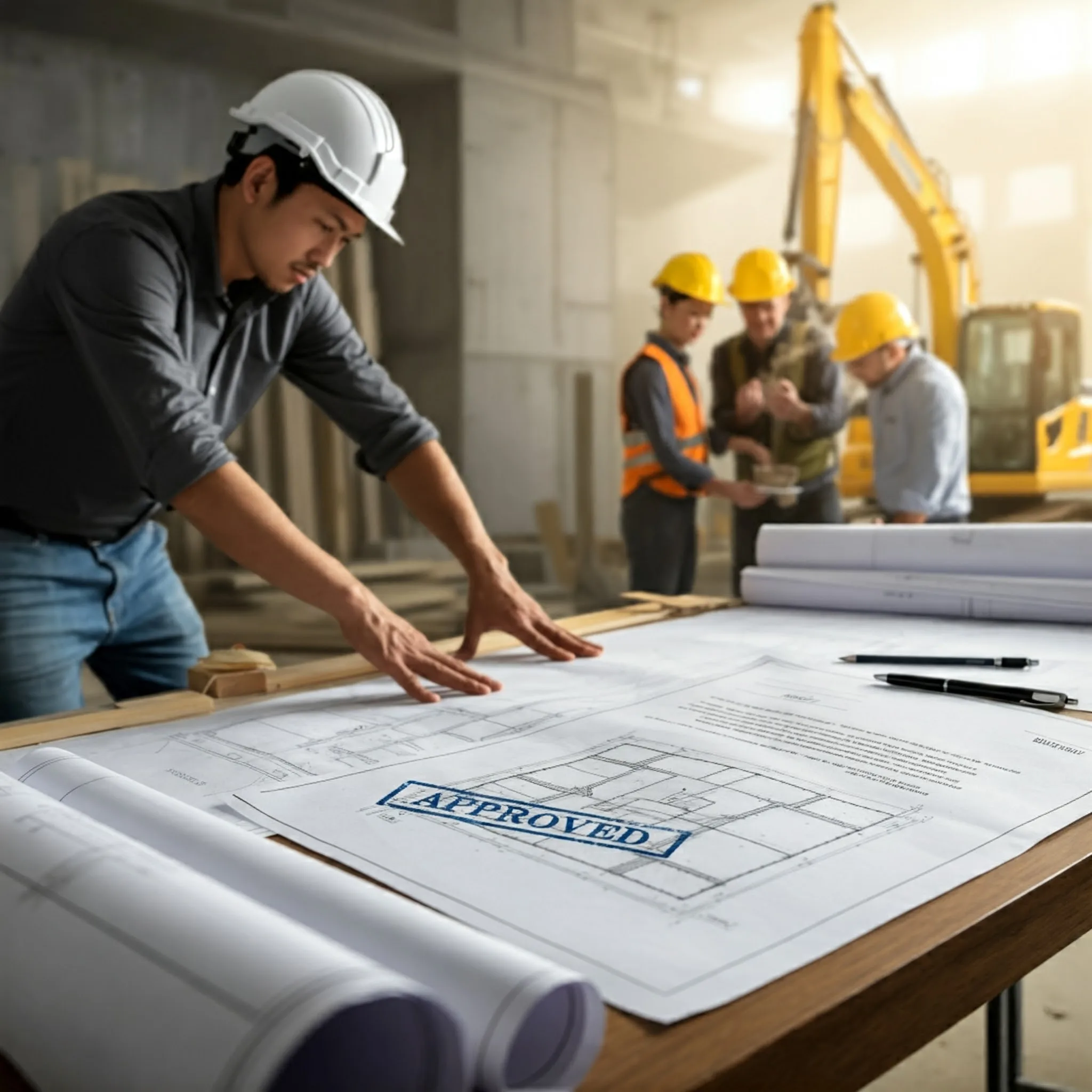 A professional navigate permit delays in construction scene with workers, blueprints, and construction machinery in the background. Prominently feature an official-looking document or permit stamped “approved,” symbolizing the success.
