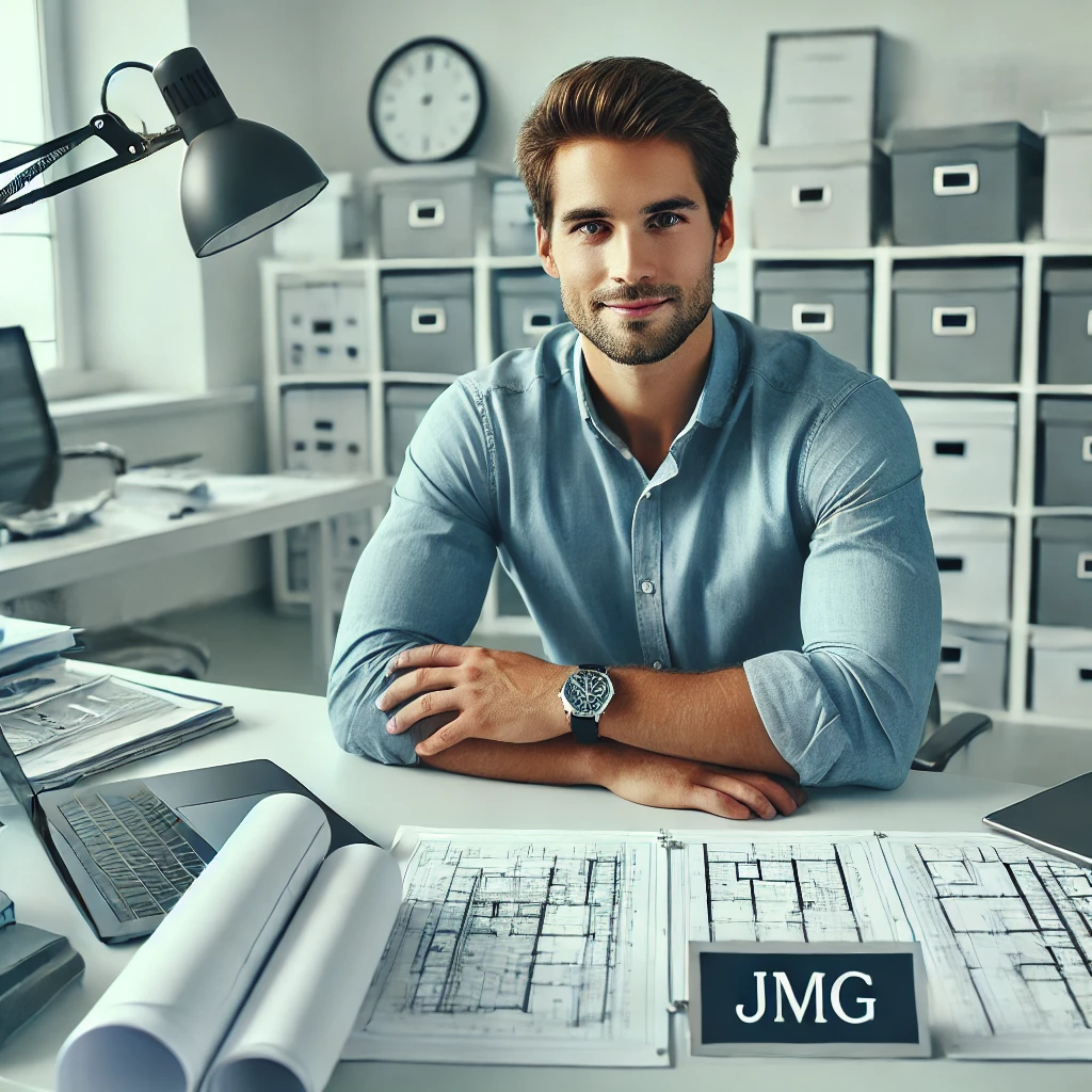 A confident kagay-anon engineer sitting at a desk with blueprints and architectural plans, representing bp220 standards compliance in construction.