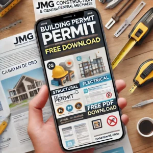 Jmg construction & general merchandise: the ultimate house renovation guide in the philippines 1 A smartphone screen displaying a building permit free download advertisement from jmg construction & general merchandise, featuring sections on structural and electrical permits. Construction tools, a printed house design, and renovation documents surround the phone.
