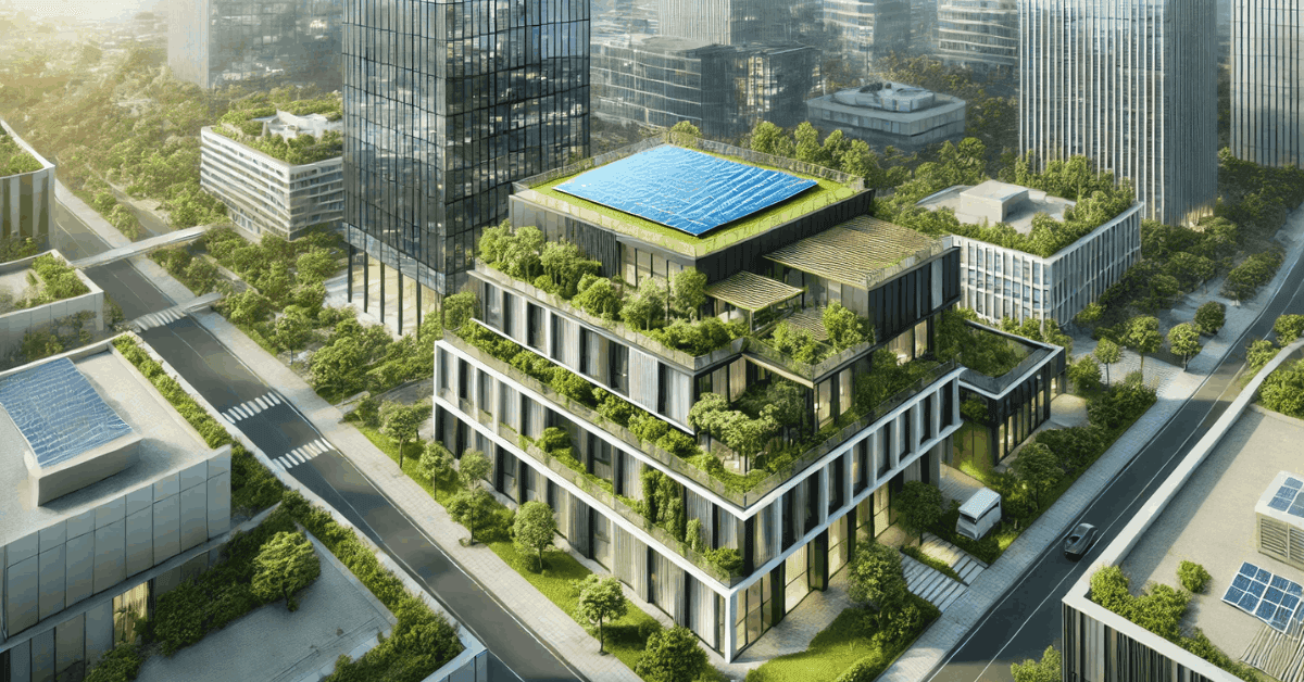 Modern architectural design featuring a sustainable building with green roofs and solar panels, reflecting eco-friendly construction services in cagayan de oro.