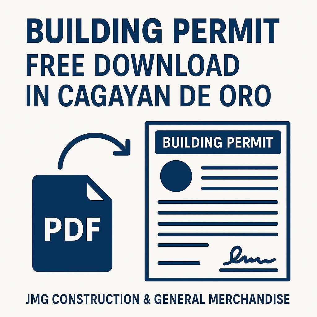 Building permit free download banner by jmg construction, featuring pdf icon and permit form with bold blue text.