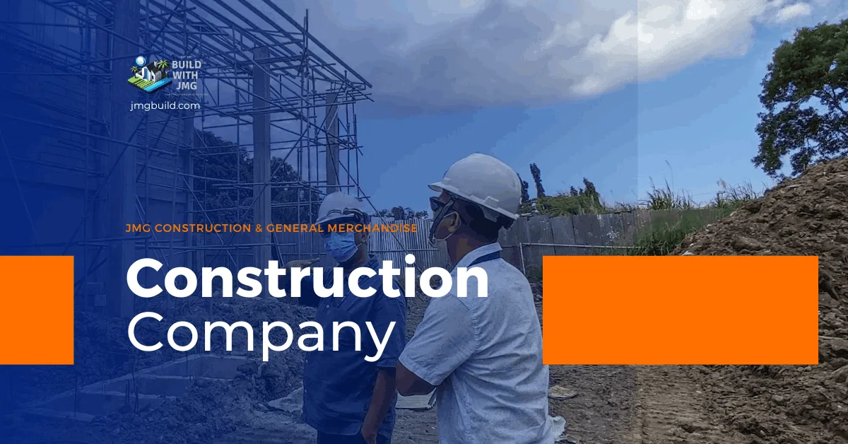 Two construction professionals from jmg construction & general merchandise wearing safety helmets, reviewing project progress on-site with a backdrop of scaffolding and clear skies.