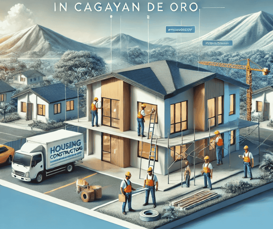 Workers building a modern house at a construction site in cagayan de oro, representing professional housing and building contractors in a tropical setting.