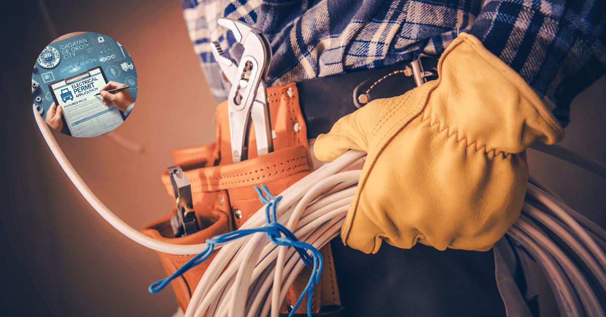 Close-up of a construction worker handling electrical wires with tools, featuring an inset image of an electrical permit application form being filled out digitally for cagayan de oro city.