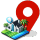 Location icon showing a home with tropical surroundings and a red map pin indicating an address.