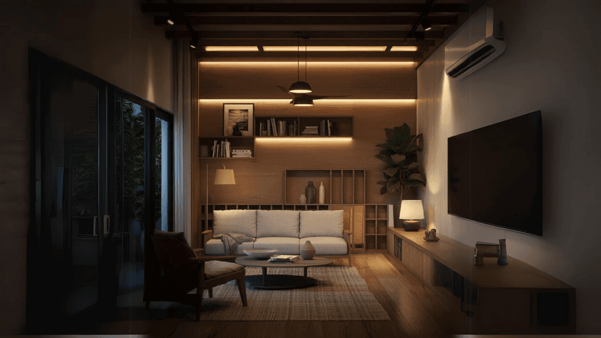 Modern living room interior design with warm lighting, wooden accents, and minimalist furniture. Features a cozy sofa, wall-mounted tv, and built-in shelving for a sleek, contemporary look.