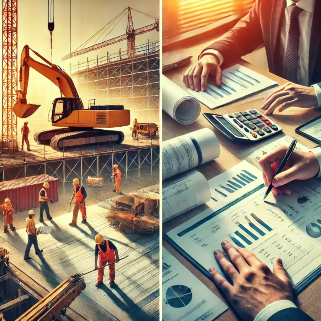 Managing multiple priorities: on-site progress and administrative efficiency Split-screen showing construction workers on-site with machinery on the left and an administrative team reviewing documents on the right, representing the division of tasks in a construction project.