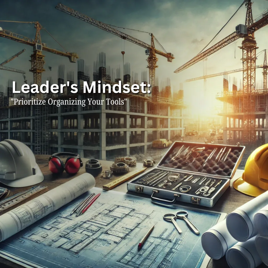 Prioritize organizing your tools A construction site at sunrise with cranes and unfinished buildings in the background. In the foreground, organized tools, blueprints, a hard hat, and construction equipment are neatly placed on a desk with the text 'leader's mindset: prioritize organizing your tools' overlaid.