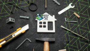 Construction tools with Build With JMG logo in the center