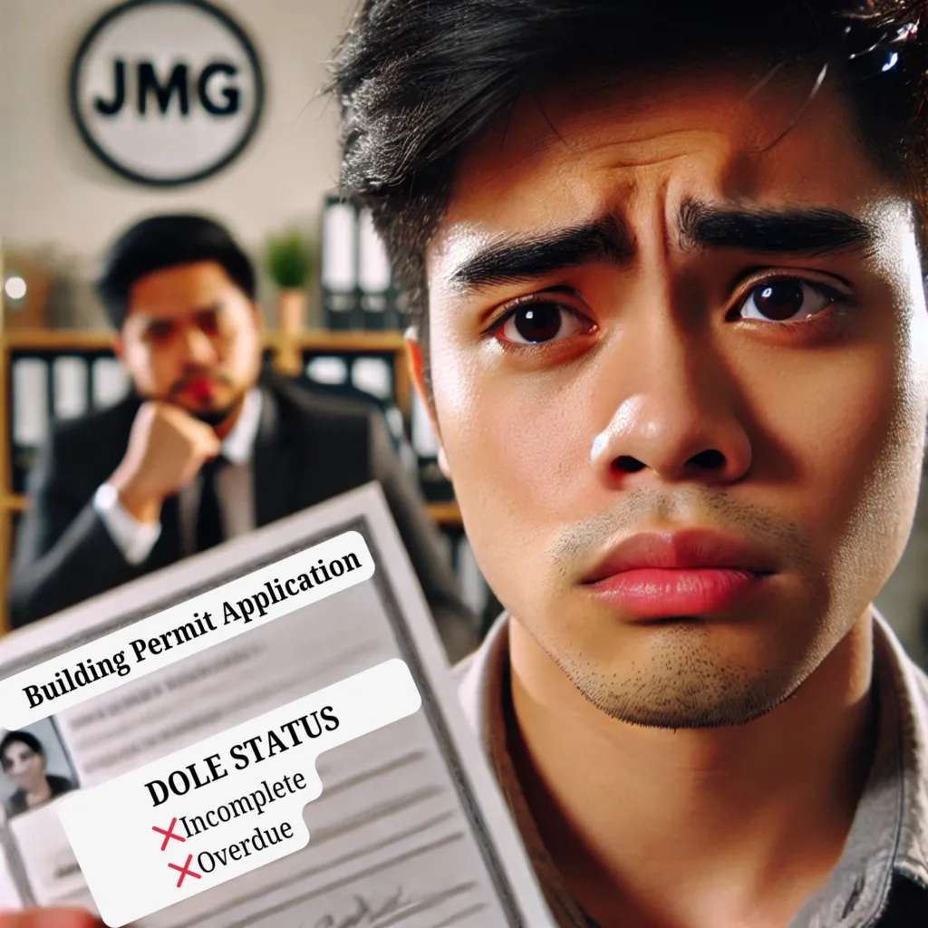 Engineer’s regret: the forgotten dole certificate at jmg construction A young filipino engineer holding a document labeled 'dole certificate' with a regretful expression. In the background, a blurred project manager watches him seriously, in an office with the jmg logo visible.