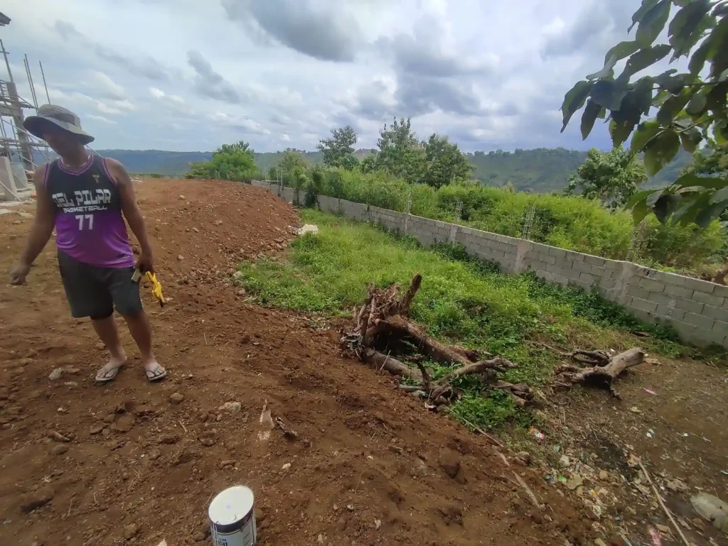 The image shows the identified location for the proposed retaining wall along the perimeter of the property, highlighting the need for stabilization due to the sloping terrain and visible vegetation.