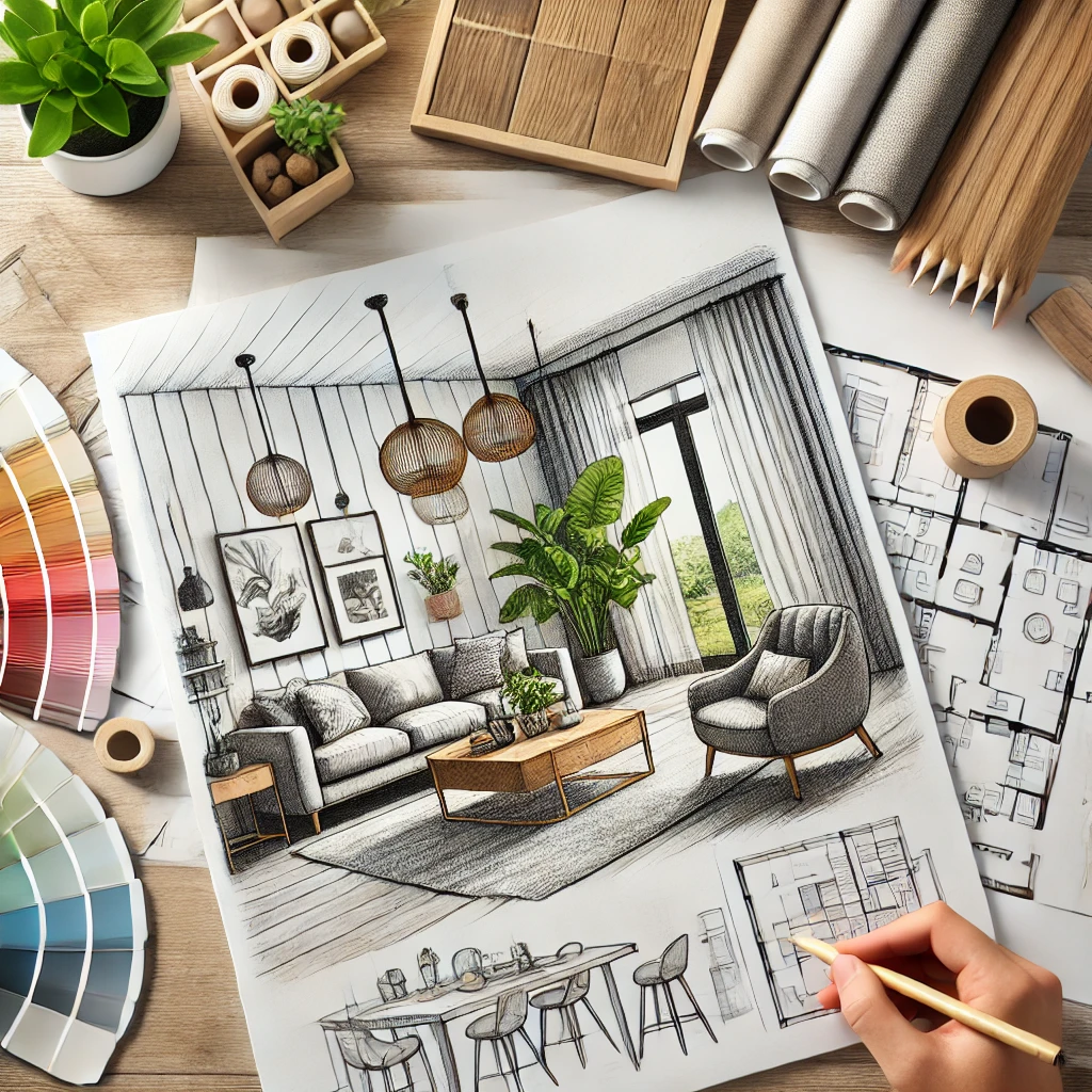 A designer's desk with various renovation materials and a sketch of a modern living room. The desk features a hand holding a sketch of a cozy living r Designerโs desk displaying sketches and material samples for a house renovation in cagayan de oro, featuring a modern living room layout with color swatches, wood textures, and floor plans to inspire a stylish home transformation.