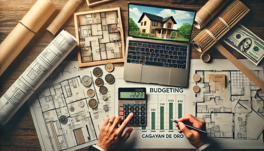 A landscape image of a home renovation planning scene focused on budgeting. The image features a workspace with a laptop showing cost estimates, a cal Budget planning for a house renovation in cagayan de oro, featuring a workspace with blueprints, a calculator, coins, and a laptop displaying home cost estimates. The scene highlights the importance of accurate budgeting and setting a contingency fund for cdo home improvement projects.