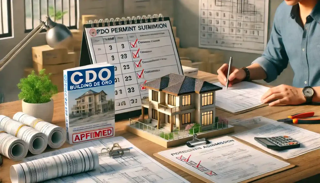 A realistic image of a desk setup focused on permit and approval planning for a renovation project in cagayan de oro. The scene includes official form Desk setup for house renovation permits in cagayan de oro, featuring official forms, a checklist, cdo building codes book, calendar with deadlines, and blueprint plans. Highlights the importance of local regulation compliance and early application submission.