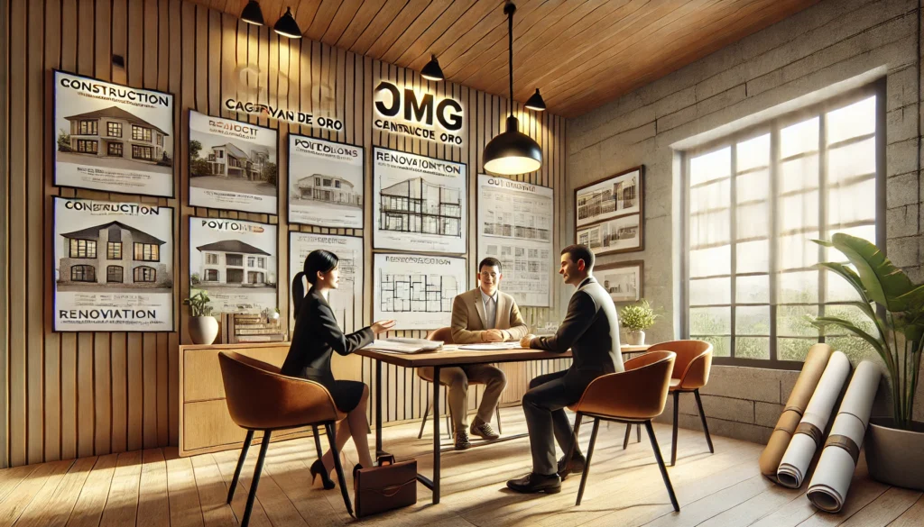 A realistic image of a professional meeting scene for jmg construction in cagayan de oro, where clients are consulting with a local contractor. The se Professional meeting at jmg construction in cagayan de oro, where clients discuss house renovation and home remodeling options. The scene includes blueprints, portfolios, and quote documents, reflecting expert guidance for cdo home improvement and renovation planning.