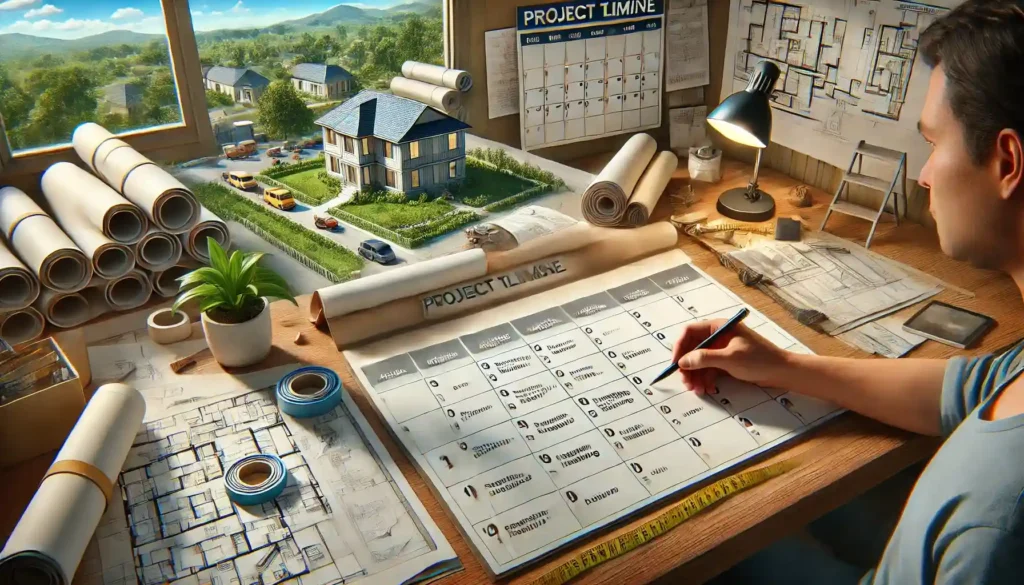 A realistic landscape image of a project timeline planning scene for a renovation project in cagayan de oro. The scene includes a desk with a large ca Project timeline planning scene for a house renovation in cagayan de oro, with a large calendar, phase checklist, and notepads detailing stages like demolition and finishing. A person marks deadlines, emphasizing structured project management.