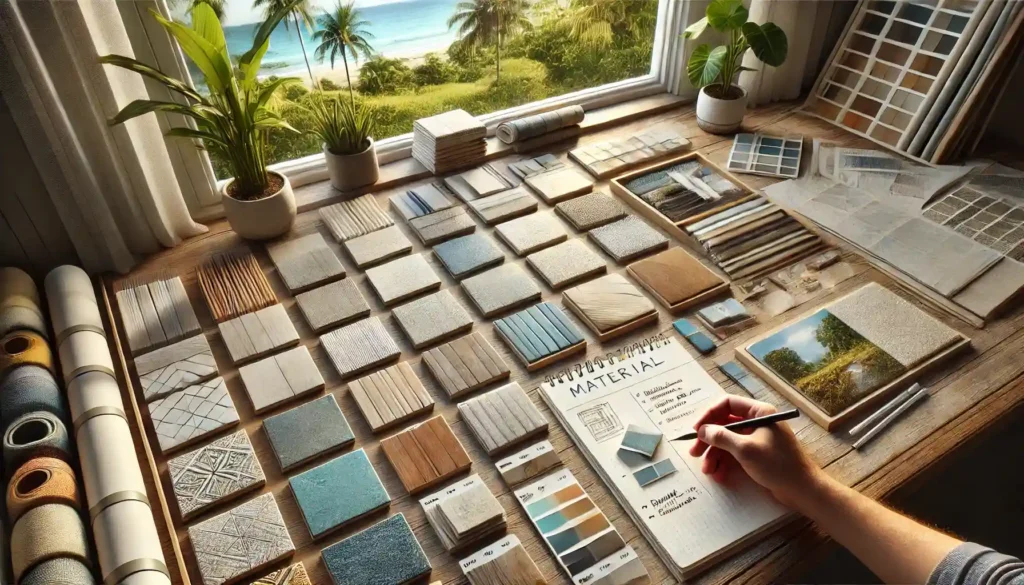 A realistic landscape image of material selection for a renovation project in cagayan de oro. The scene features a desk with various material samples Material selection desk for a renovation project in cagayan de oro, displaying various durable tiles, wood textures, and paint swatches suited for the tropical climate. A designer's hand tests a tile sample, focusing on durability and low-maintenance options.