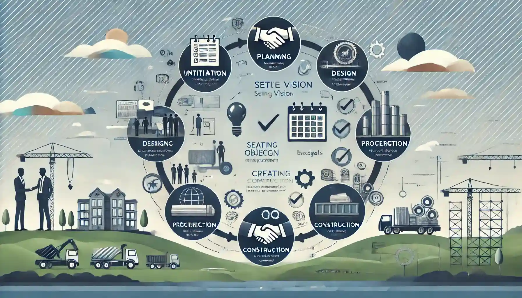 Our project management process for jmg construction, illustrating six phases in sequence: initiation with handshake icon, planning with calendar icon, design with blueprint icon, procurement with materials icon, construction with crane icon, and closure with checkmark icon. Each phase is briefly described with steps such as understanding vision, setting objectives, planning budgets, creating designs, sourcing materials, overseeing construction, and conducting final inspections. The background features subtle construction visuals, including blueprints and building silhouettes, creating a professional and organized look.