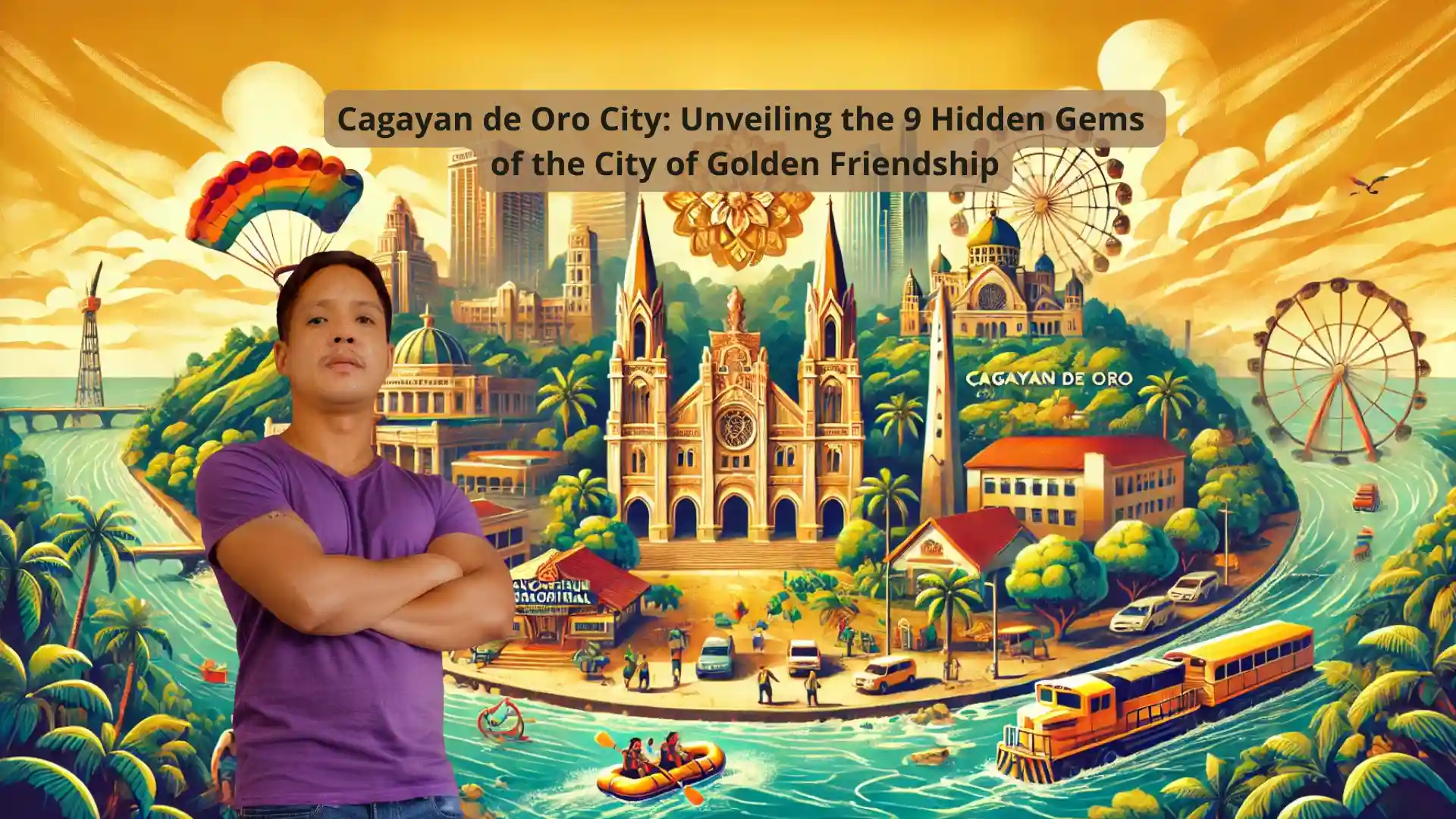Engr. Jasper gementiza from jmg construction, wearing a purple shirt, stands confidently with arms crossed against a backdrop of cagayan de oro city’s vibrant cityscape, showcasing the city's hidden gems including the st. Augustine metropolitan cathedral, lush greenery, a river with rafters, and a ferris wheel.