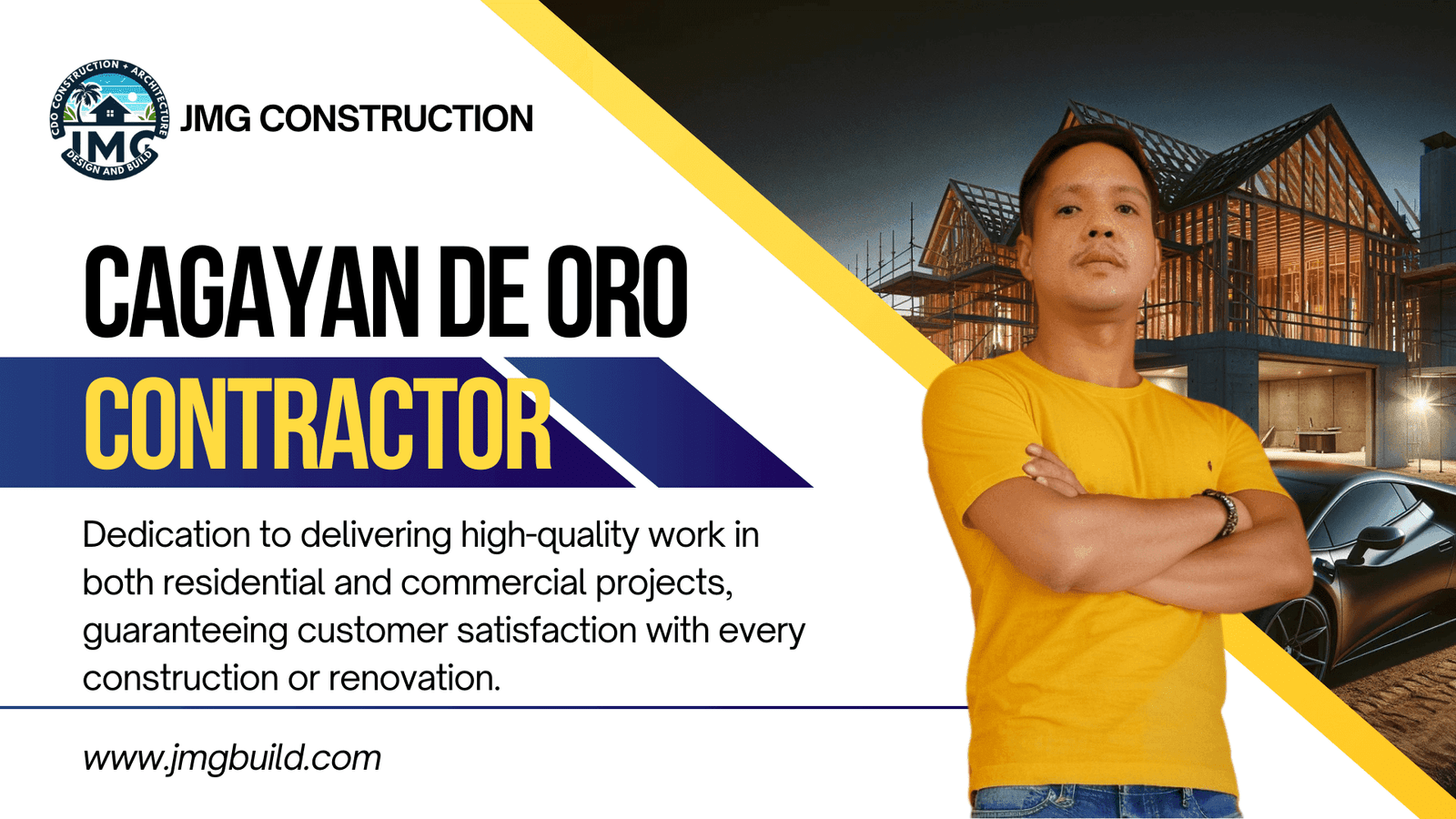 Cagayan de oro contractors by engr. Jasper gementiza in a yellow shirt standing confidently in front of a construction site, representing jmg construction.