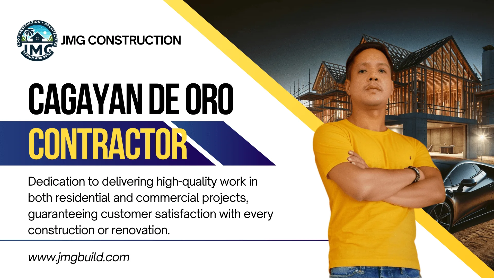 Cagayan de oro contractors by engr. Jasper gementiza in a yellow shirt standing confidently in front of a construction site, representing jmg construction.
