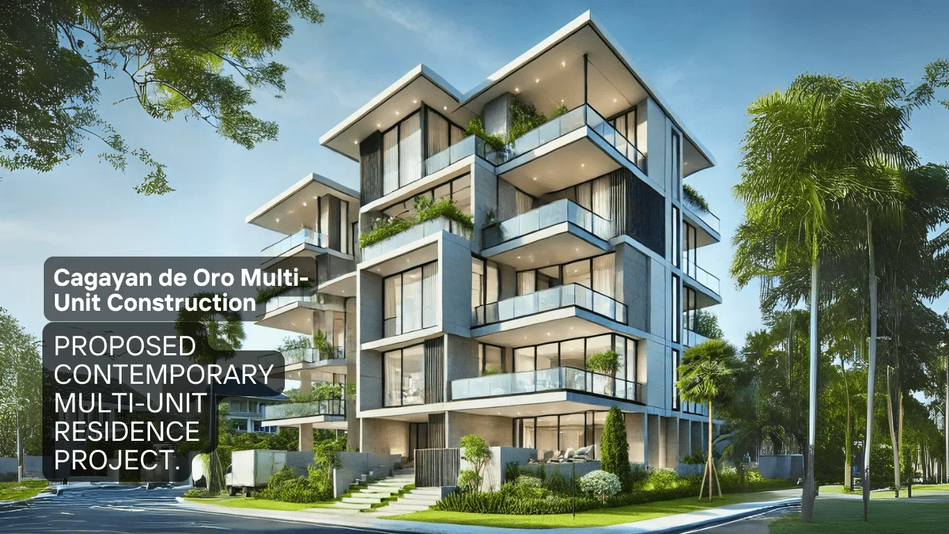 Cagayan de oro multi-unit construction showcasing a modern residential building with multiple floors, large glass windows, and lush tropical landscaping.