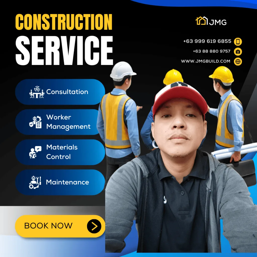 Do You Have A Question? Contact Us. Cagayan de Oro Construction Services. Image featuring JMG Construction Services team members in safety vests with services listed: Consultation, Worker Management, Materials Control, and Maintenance. Includes contact details and 'Book Now' button.