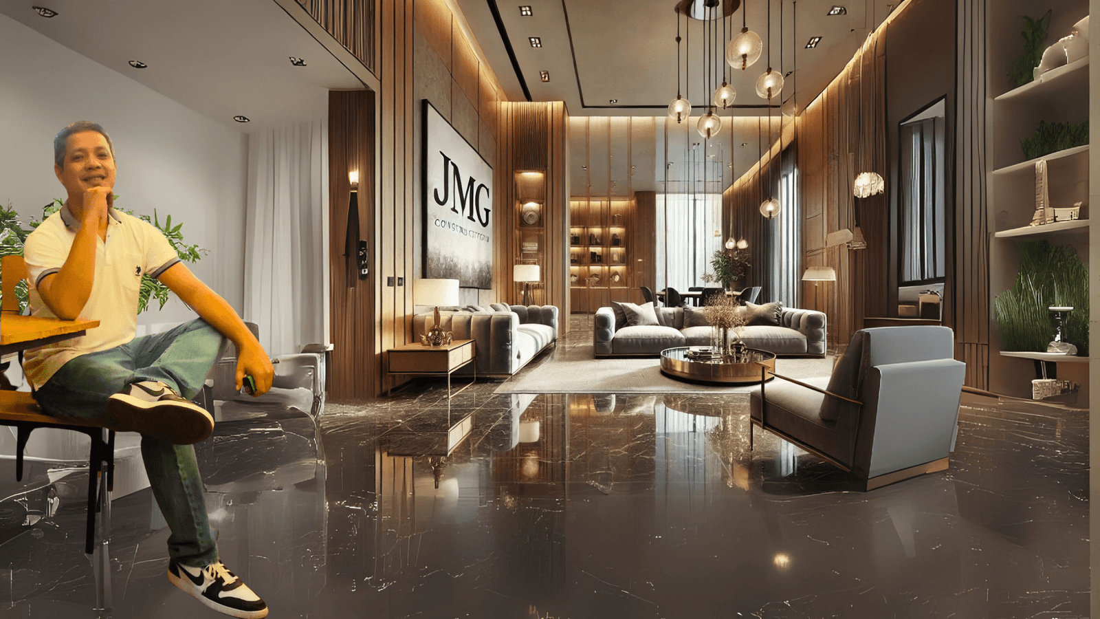 House construction expert in modern luxury interior setting with jmg branding