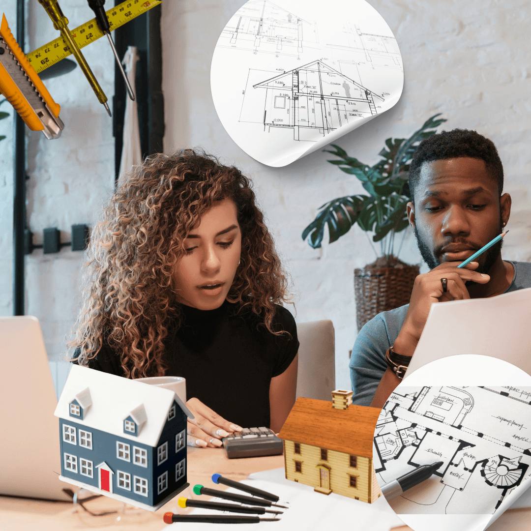 A couple reviewing house plans and calculations at a table with blueprints, model houses, and construction tools surrounding them.