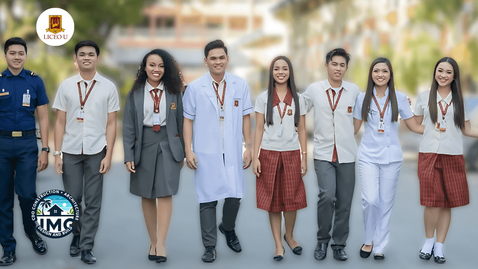 Students of liceo de cagayan university in cagayan de oro, wearing various uniforms representing different academic programs, standing together in unity on campus.