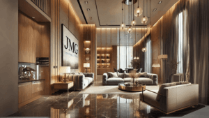 Luxury living room with high-end finishes by JMG Construction CDO Experts, featuring marble floors, custom wood paneling, and elegant lighting.