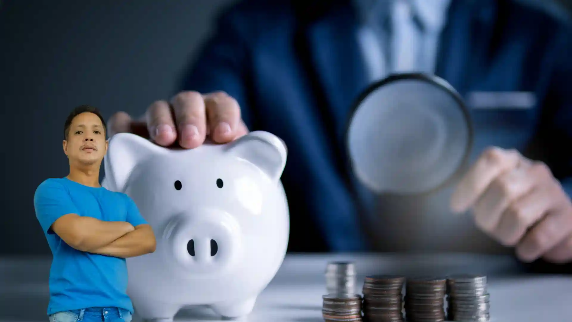 Engr. Jasper gementiza from jmg construction standing confidently beside a piggy bank, symbolizing budget maximization and smart cost-saving ideas.