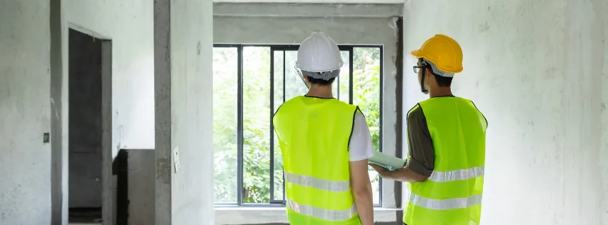 Our residential construction services with construction professionals in safety gear inspecting a residential project site with large windows and natural light.