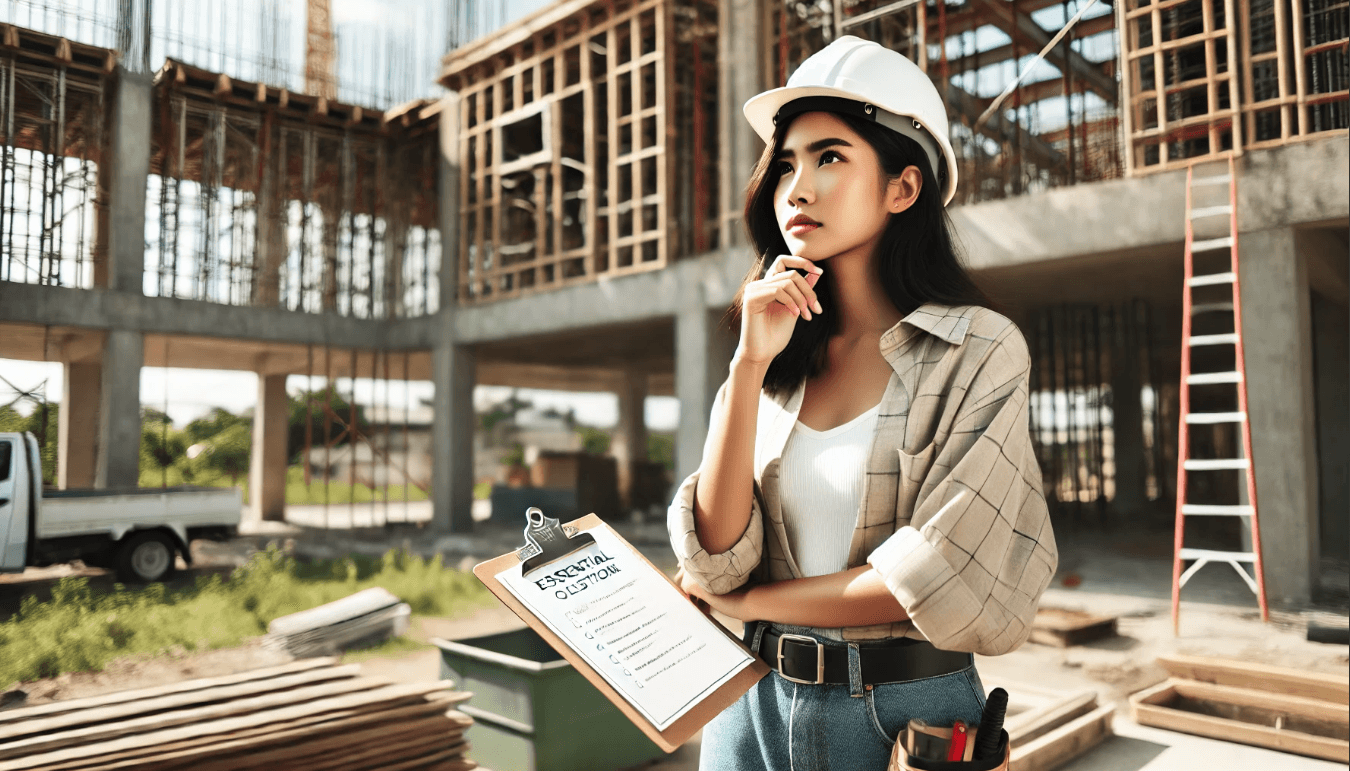 Essential questions to ask your construction company before starting a project 4 A young filipino woman wearing a hard hat, thoughtfully holding a clipboard titled "essential questions to ask your construction company" at a construction site with visible beams and framework in the background.