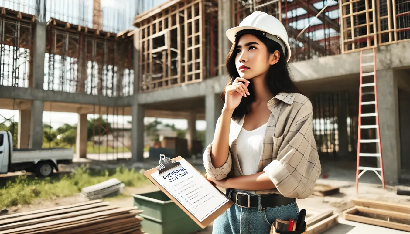 A young filipino woman wearing a hard hat, thoughtfully holding a clipboard titled "essential questions to ask your construction company" at a construction site with visible beams and framework in the background.