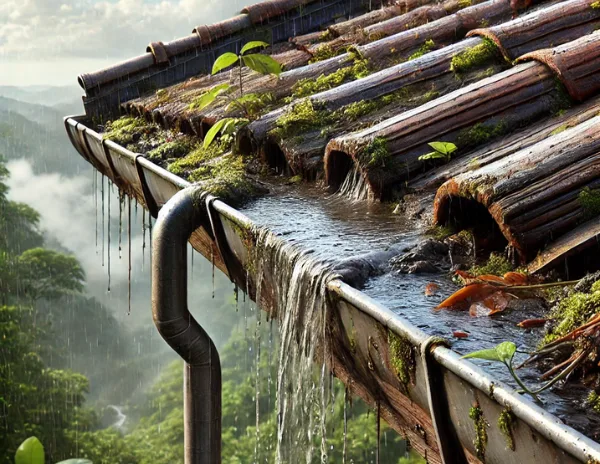 Close-up of a roof with water damage and a blocked gutter - cdo roof repair guide: a weathered tile roof in a tropical climate, showing signs of water damage, rust, and moss growth. The gutter is clogged with debris, causing water overflow, with lush greenery in the background, illustrating typical roofing issues covered in the cdo roof repair guide.