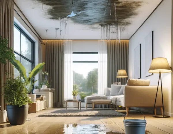 Interior of a modern home with ceiling water damage - cdo roof repair guide: a modern living room with visible water damage and mold spots on the ceiling, with water dripping into a bucket on the floor. Natural light from large windows highlights the damage, illustrating urgent repair needs emphasized in the cdo roof repair guide.