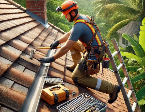 Professional roofer inspecting roof shingles in a tropical setting - cdo roof repair guide: a professional roofer in safety gear carefully inspects shingles for damage, surrounded by tropical vegetation. The setup emphasizes preventative maintenance and inspection steps recommended in the cdo roof repair guide.