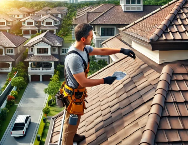 Roofer inspecting rib-type metal roofing in an upscale subdivision - cdo roof repair guide: a roofer in safety gear inspects a rib-type metal roof in a high-end subdivision, carefully examining for signs of rust or wear. The scene reflects the cdo roof repair guide's focus on proactive roof care in upscale communities.