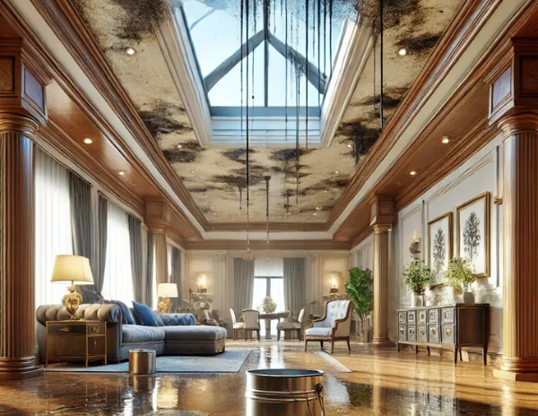 Luxurious interior with water-damaged ceiling - cdo roof repair guide: an elegant living room with a high, ornate ceiling showing extensive mold and water damage, with droplets falling into a bucket below. The room exemplifies the types of urgent repair needs discussed in the cdo roof repair guide.