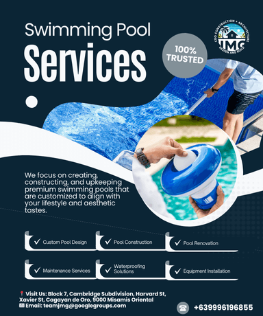Promotional graphic showcasing swimming pool services offered by jmg construction in cagayan de oro city, featuring images of pool maintenance and design, along with key services such as custom pool design, construction, renovation, and waterproofing.