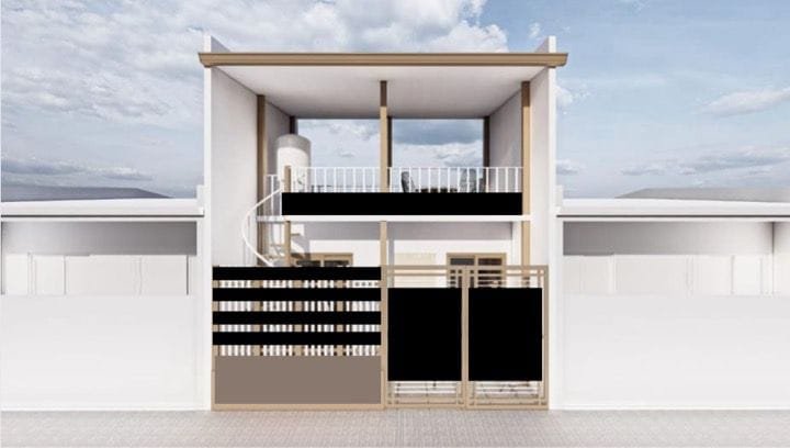 Client relationship management in action the bloomingdale renovation perspective Perspective view of the bloomingdale renovation project, showcasing a two-story design with a rooftop terrace and modern facade.